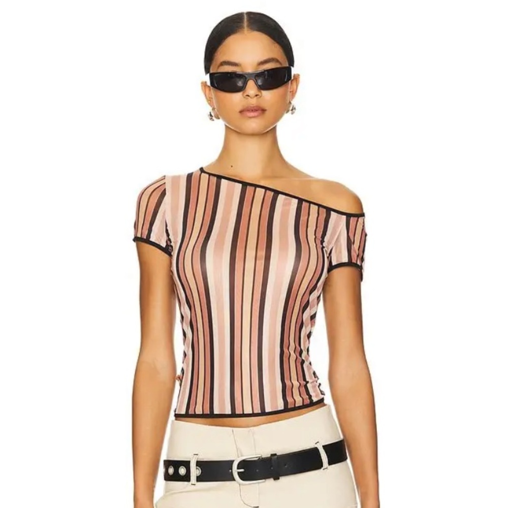 Miaou Mimi Tee Salmon Stripe | Y2K Asymmetric Trendy | Size M